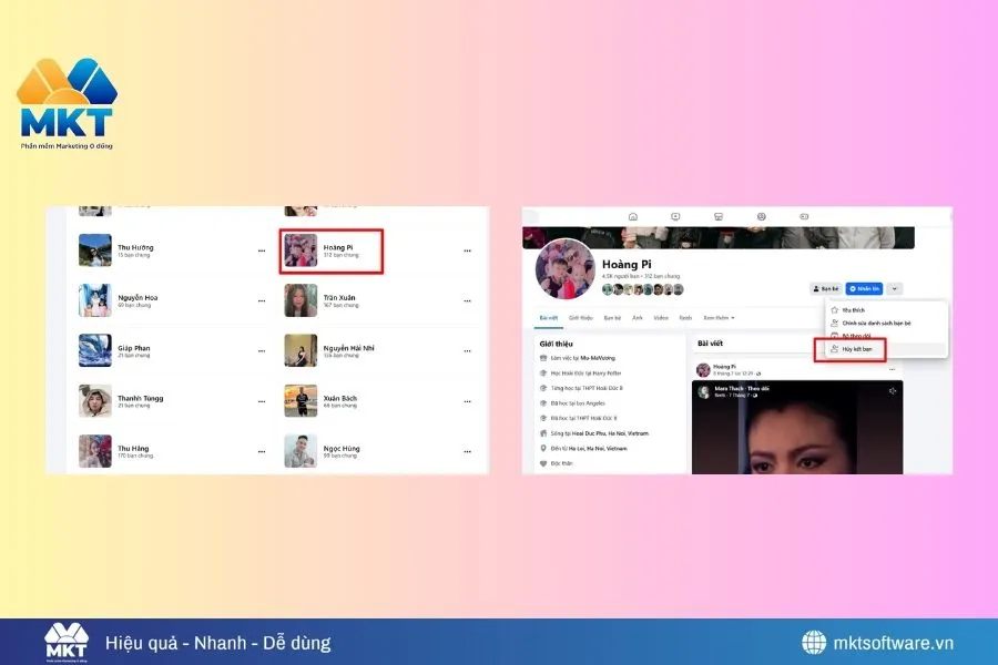 Vuốt đến người muốn lọc, ấn vào trang cá nhân của họ. Tiếp theo, chọn vào "Bạn bè" rồi ấn “Hủy kết bạn” từ menu hiển thị Cách lọc bạn bè Facebook không tương tác nhanh và an toàn