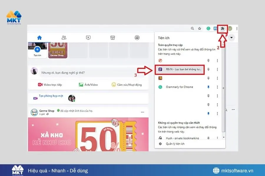 Mở tài khoản Facebook cá nhân → nhấn vào tiện ích FBVN đã được cài Cách lọc bạn bè Facebook không tương tác nhanh và an toàn