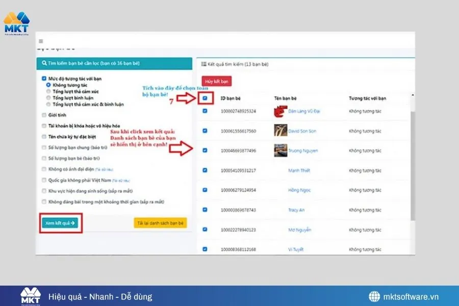 Chọn phần Mức độ tương tác → tick vào ô Không tương tác → nhấn Xem kết quả Cách lọc bạn bè Facebook không tương tác nhanh và an toàn