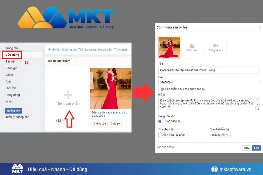 Minh họa các bước đăng bài bán hàng quần áo trên Fanpage