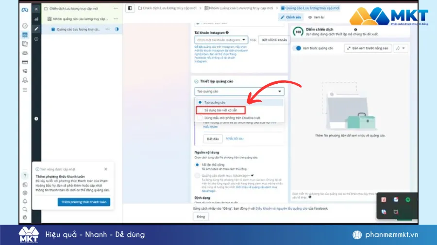 Chọn nút “Chọn bài viết” trong phần Nội dung quảng cáo Cách chỉnh sửa bài viết đang chạy quảng cáo