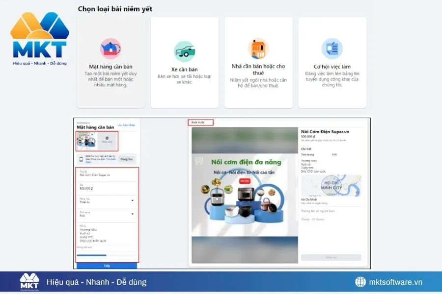 Hình ảnh minh họa bước 1 – 2 trong cách quảng cáo trên Marketplace