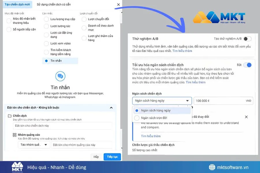 Chọn mục tiêu tin nhắn để bắt đầu set up chiến dịch