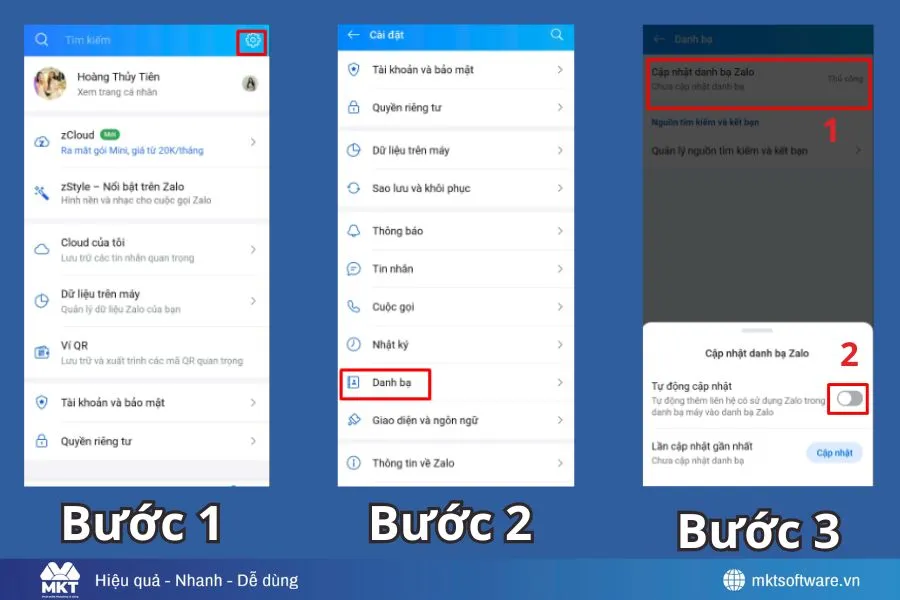 Minh họa về các bước cập nhật danh bạ Zalo vào điện thoại