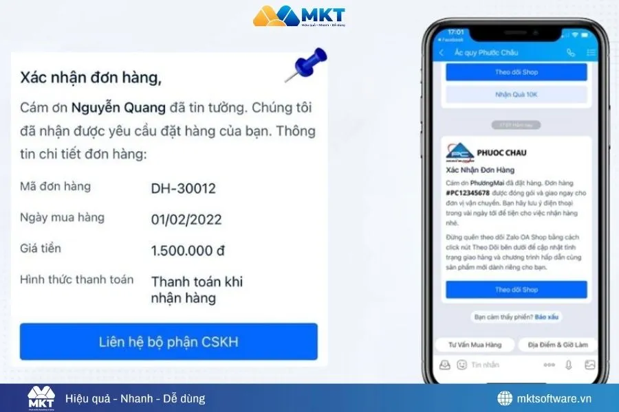 Minh họa về mẫu tin nhắn ZNS thông báo đơn hàng