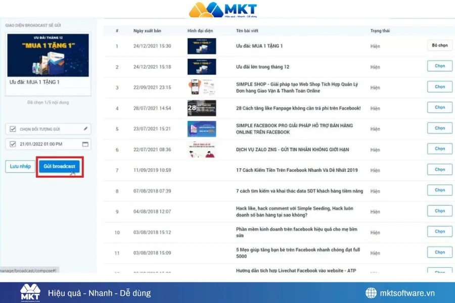 Chọn Gửi Broadcast hoặc Lưu & Xác nhận để hoàn tất hẹn giờ gửi tin