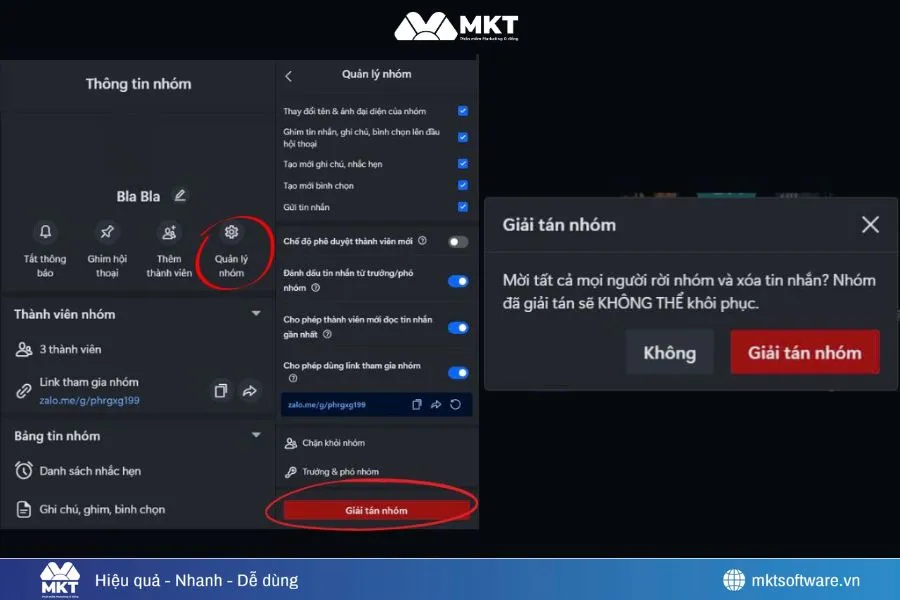Minh họa về 4 bước giải tán nhóm trên Zalo máy tính
