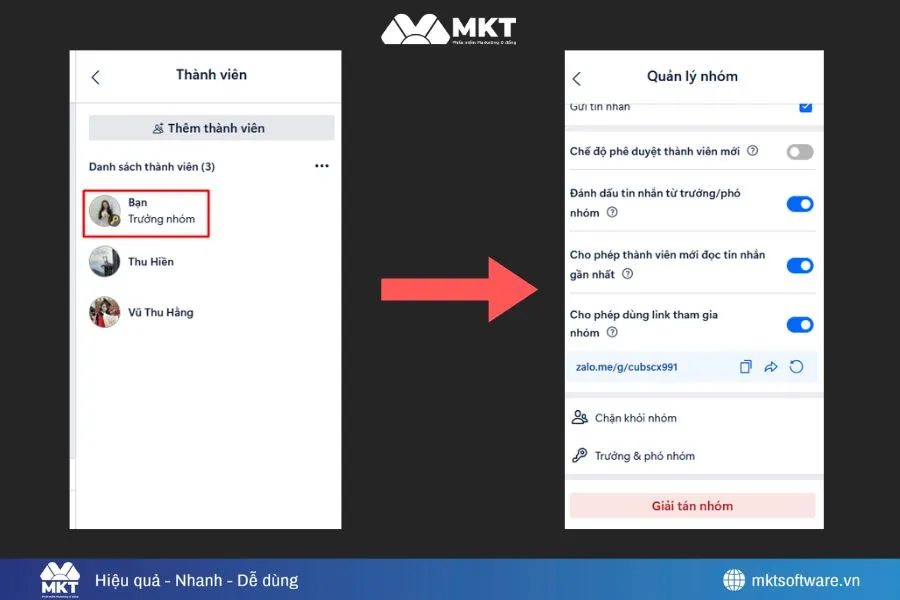 Nếu bạn là trưởng nhóm sẽ có nút giải tán nhóm