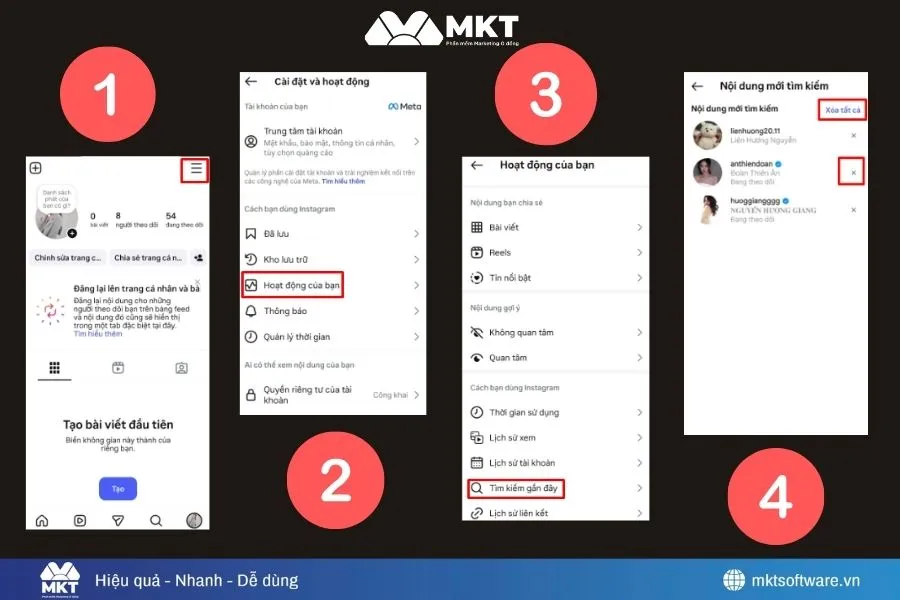 Minh họa về 3 bước xóa toàn bộ lịch sử trong phần Cài đặt Instagram