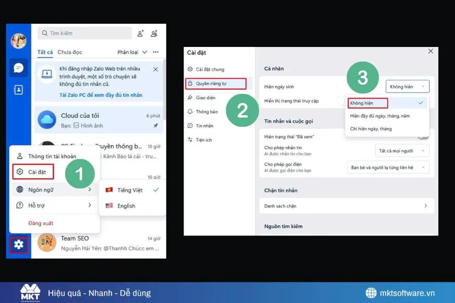 Minh họa về cách ẩn ngày sinh Zalo trên máy tính