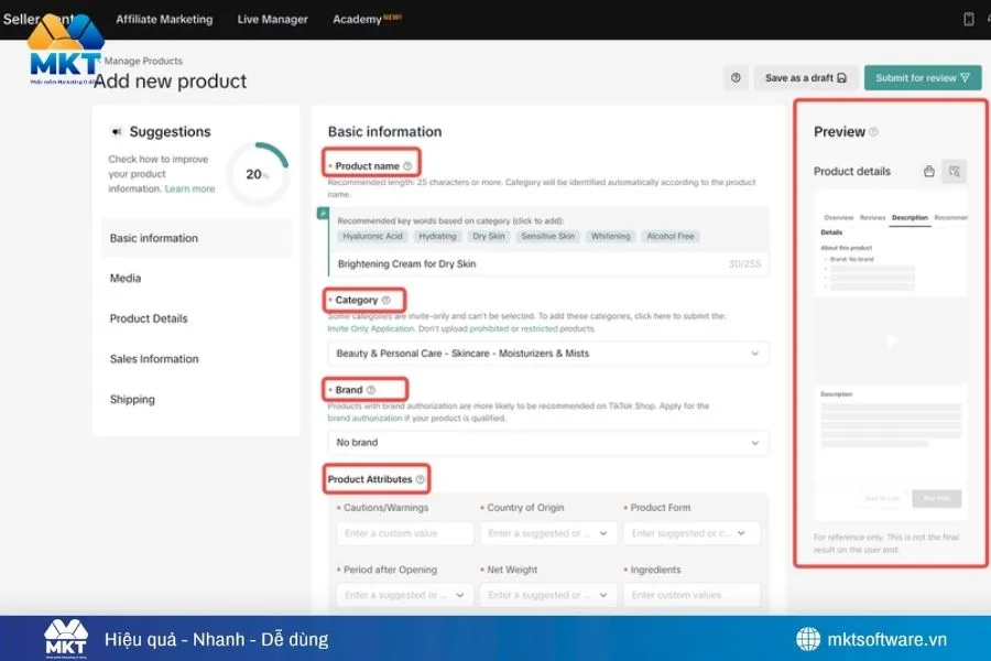 Khai báo thông tin cơ bản của sản phẩm