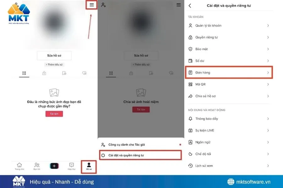 Cách xem đơn đặt hàng trên Tiktok qua trang hồ sơ