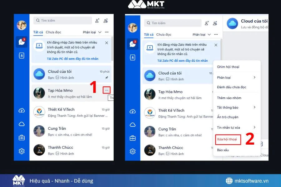 Minh họa về các bước xóa tin nhắn trên máy tính