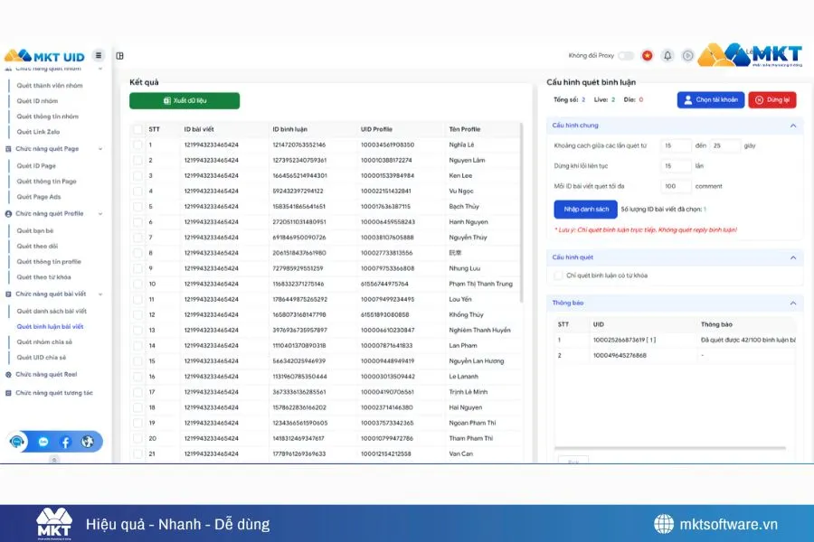 Giao diện quét data khách hàng của phần mềm MKT UID