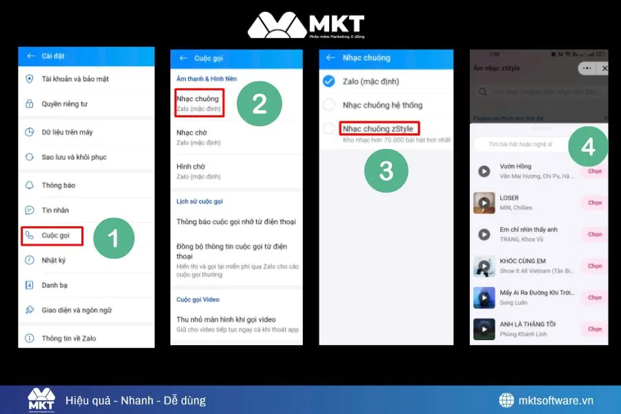Minh họa về 4 bước cài đặt nhạc chuông tin nhắn Zalo