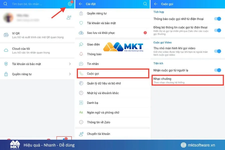 Minh họa về các bước cài nhạc chuông cuộc gọi Zalo