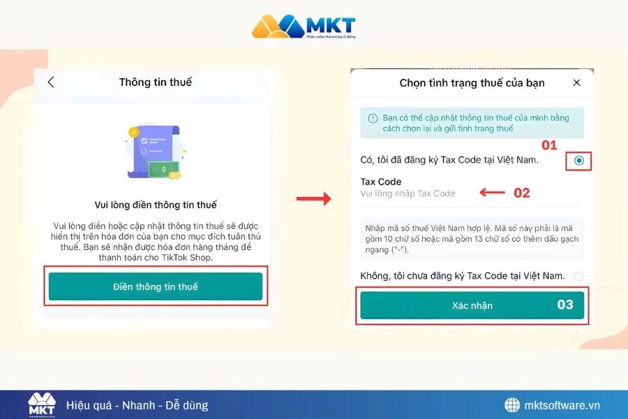 Điền thông tin thuế và xác nhận
