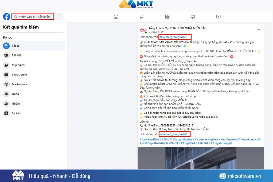 Minh họa về cách tìm nhóm Zalo trên thanh công cụ tìm kiếm Facebook