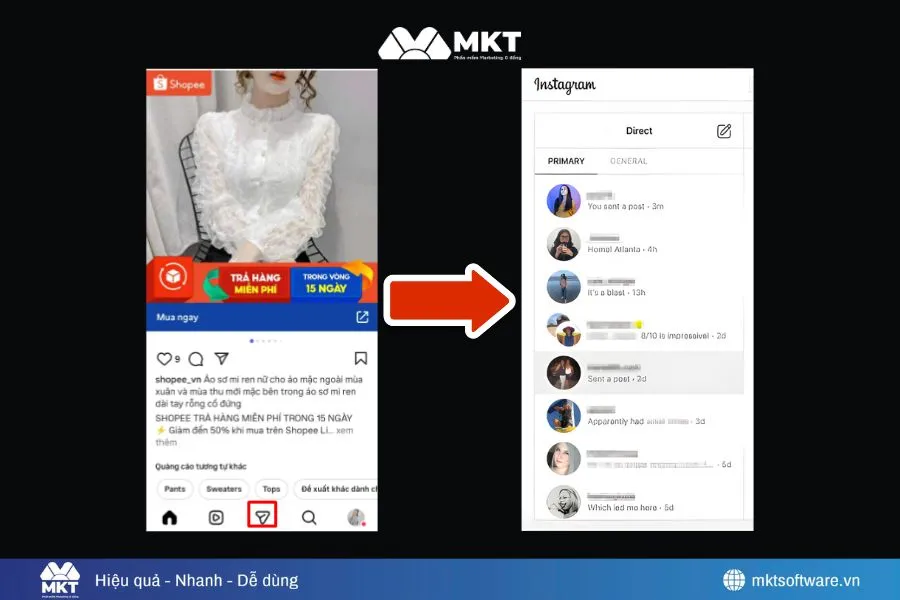 Minh họa về 3 bước xem tin nhắn trên Instagram Minh họa về 3 bước xem tin nhắn trên Instagram