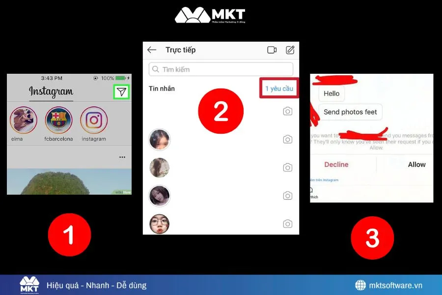 Minh họa về 3 bước xem tin nhắn chờ trên IG Minh họa về 3 bước xem tin nhắn chờ trên IG