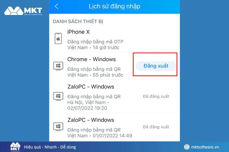 Nếu thấy thiết bị lạ đăng nhập tà khoản Zalo, hãy chọn đăng xuất Nếu thấy thiết bị lạ đăng nhập tà khoản Zalo, hãy chọn đăng xuất