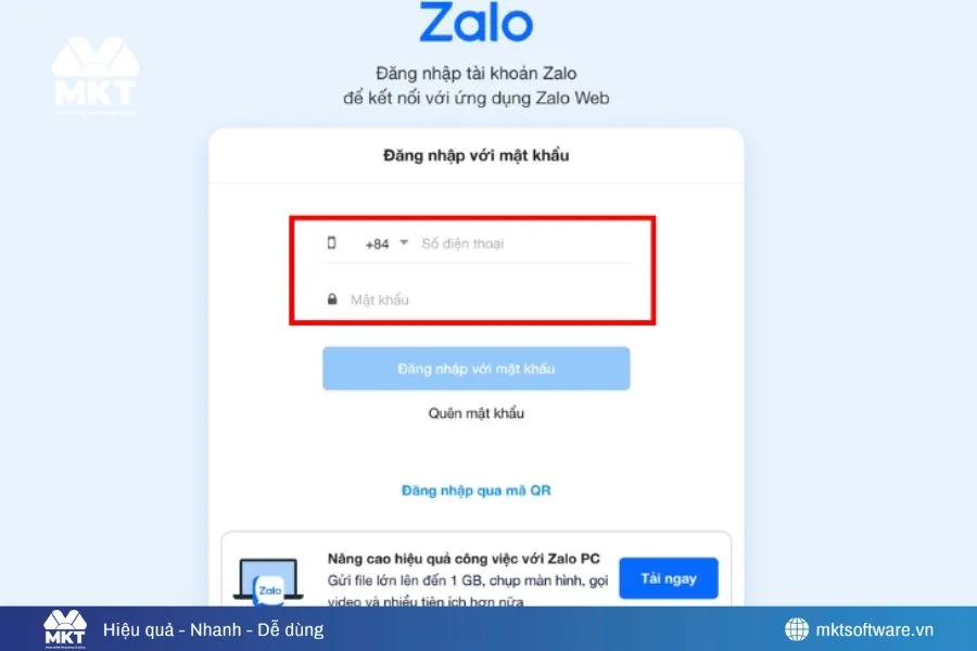 Nhập số điện thoại, pass đăng nhập Zalo