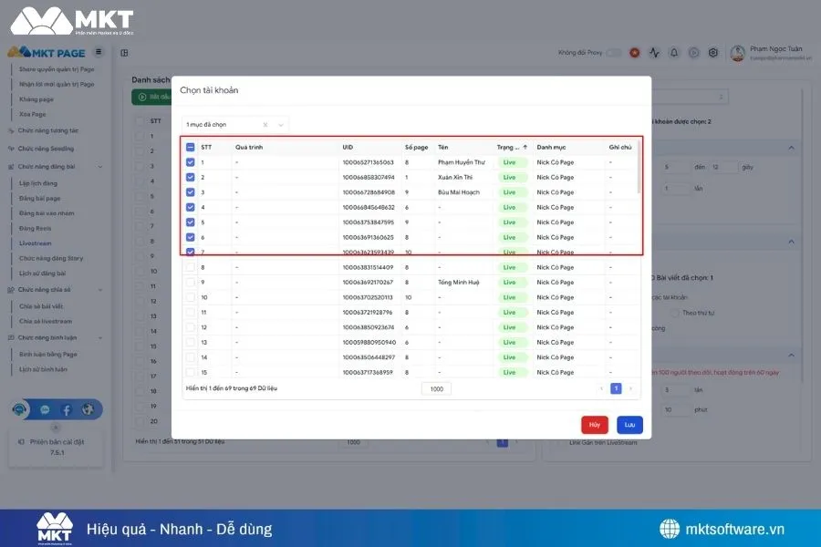Chọn nick có fanpage