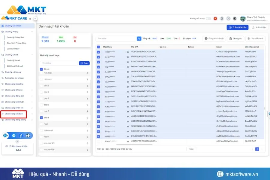 Giao diện cài đặt MKT Care kết bạn với tệp data đã quét từ MKT UID